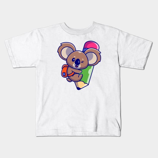 Cute Koala Wear Backpack And Hug Pencil Cartoon Kids T-Shirt by Catalyst Labs